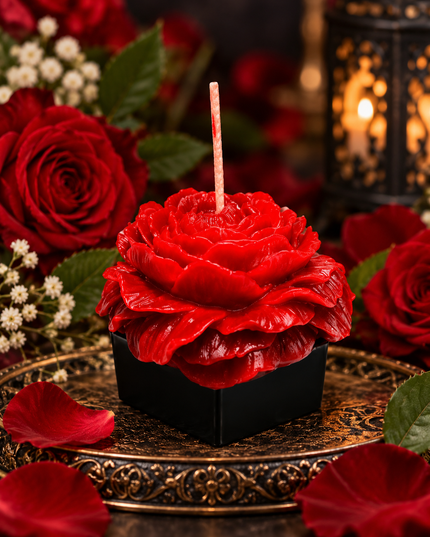 Red Rose on Black Octagon Stand - Handmade Candle - 100% Natural Pure Beeswax