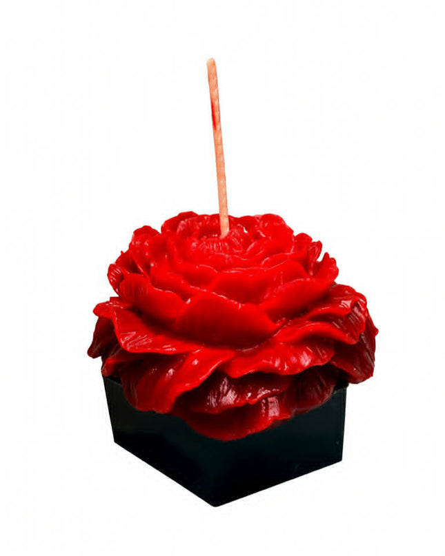 Red Rose on Black Octagon Stand - Handmade Candle